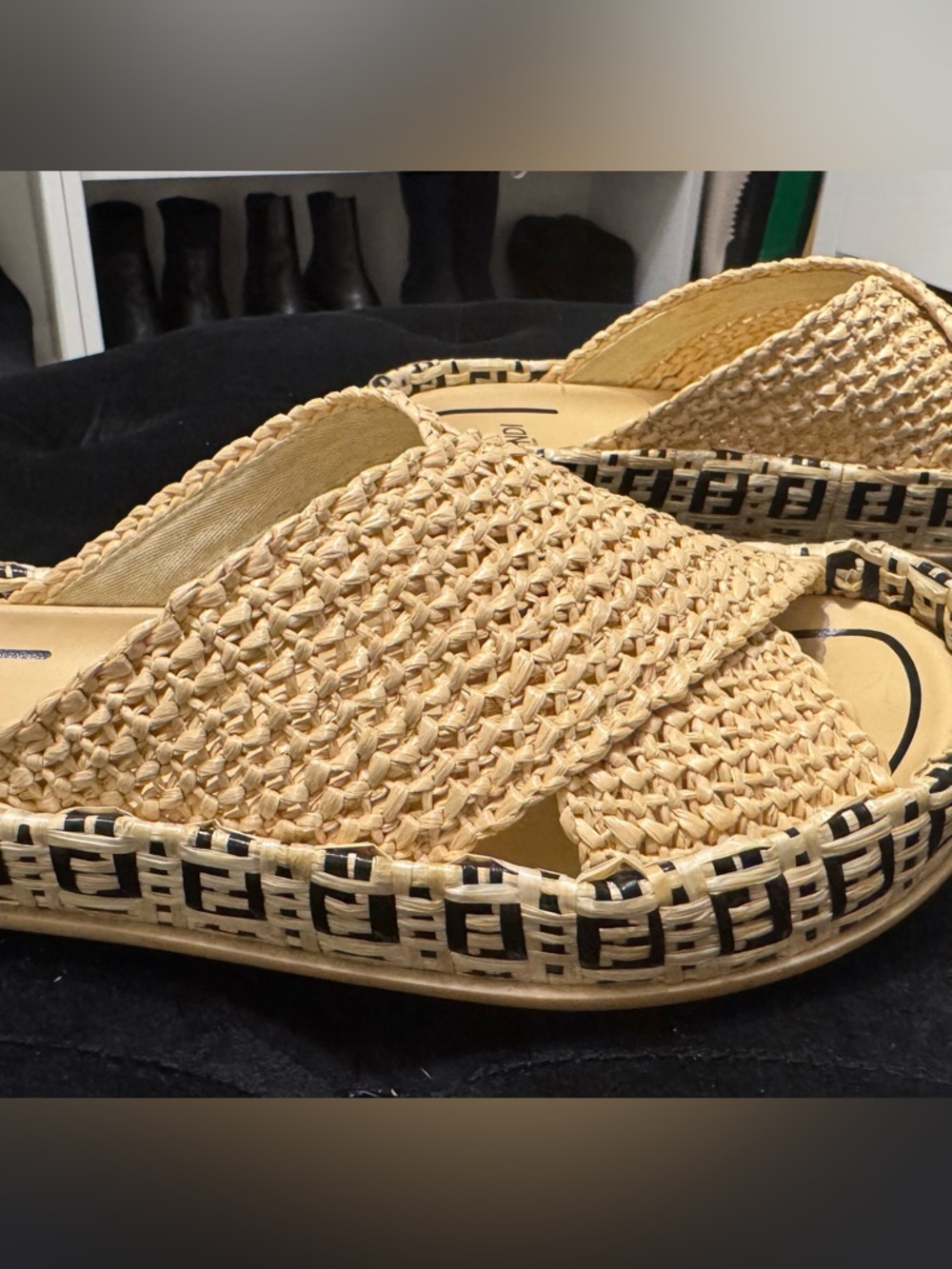Fendi Beige Raffia Slide Sandals - Picture 3 of 8